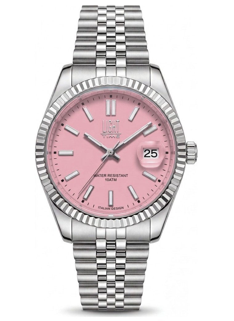 Orologio Light Time Aurora Jubilee L804S-C-RO Rosa 35 mm - unisex quarzo lunetta zigrinata bracciale jubilee quadrante rosa datario 10ATM - Frontale