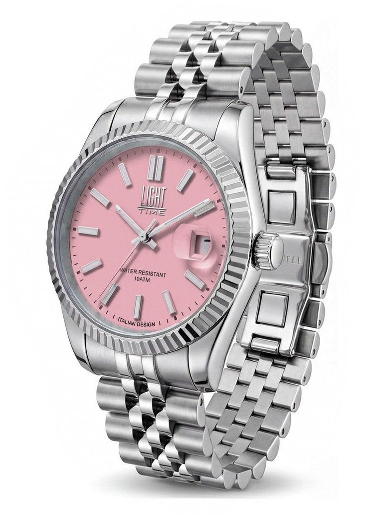 Orologio Light Time Aurora Jubilee L804S-C-RO Rosa 35 mm - unisex quarzo lunetta zigrinata bracciale jubilee quadrante rosa datario 10ATM - Lato