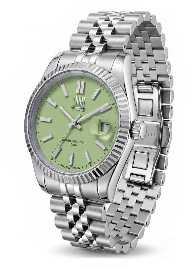 Orologio Light Time Aurora Jubilee L804S-C-VE Verde 35 mm - unisex quarzo lunetta zigrinata bracciale jubilee quadrante verde datario 10ATM - Lato