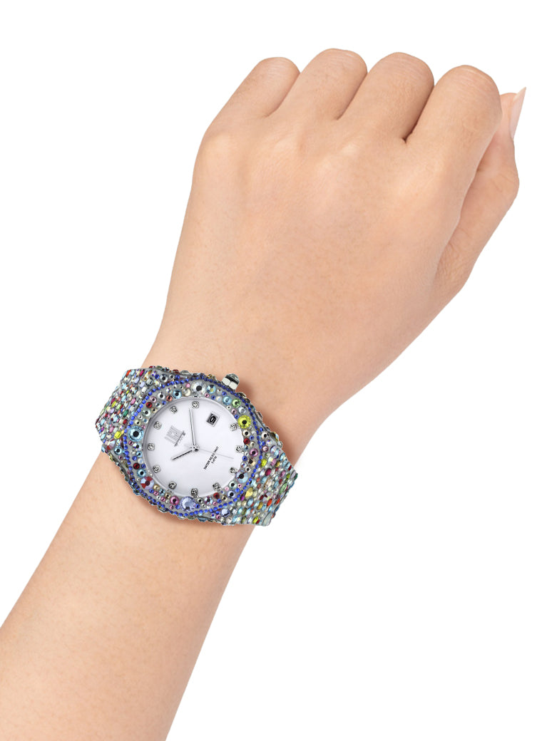 Orologio Light Time Mediterraneo L-508-BI-1 - orologio donna diametro 40mm, 680 cristalli Preciosa, quadrante bianco, bracciale in policarbonato - Laterale