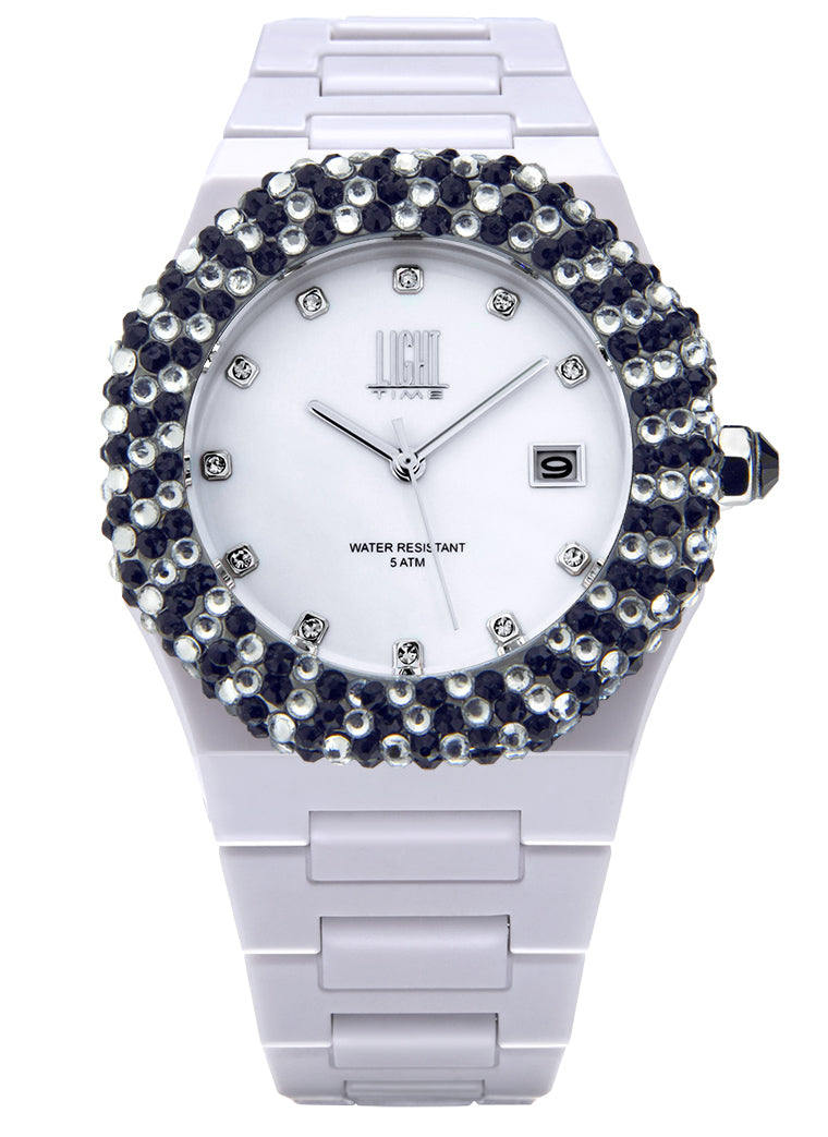 Orologio Light Time Mediterraneo L-509-BI-2 - orologio donna diametro 40mm, ghiera 200 cristalli Preciosa, quadrante bianco, bracciale in policarbonato - Frontale