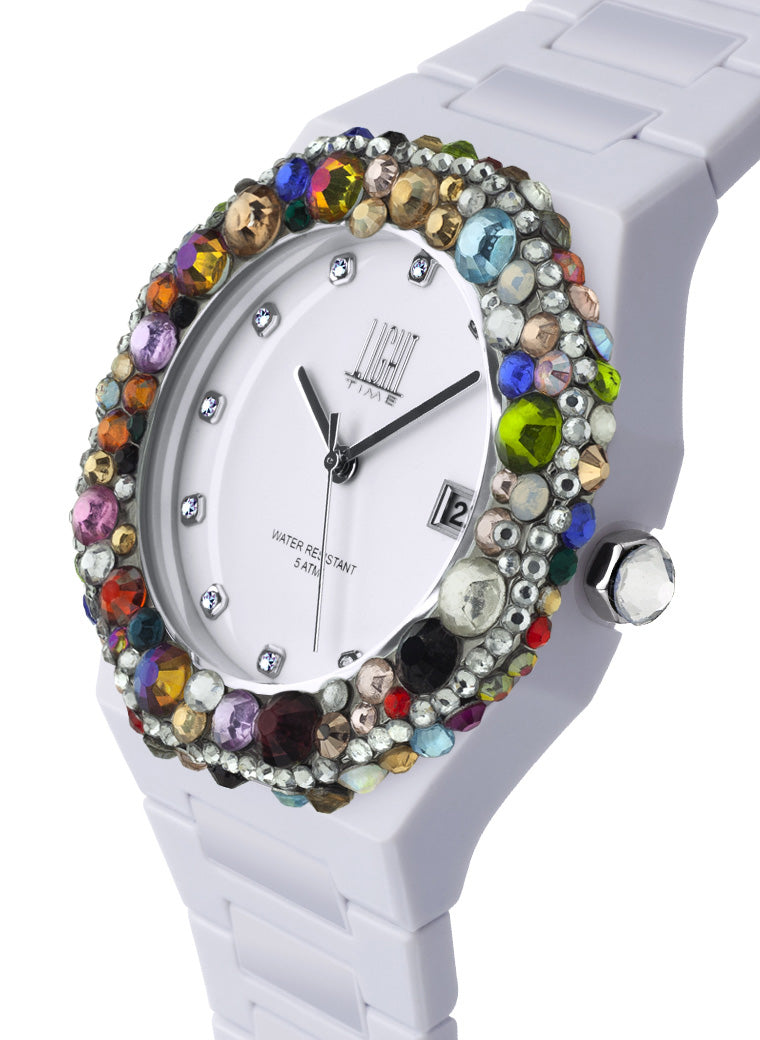Orologio Light Time Mediterraneo L-509-BI-3 - orologio donna diametro 40mm, ghiera 200 cristalli Preciosa, quadrante bianco, bracciale in policarbonato - Laterale