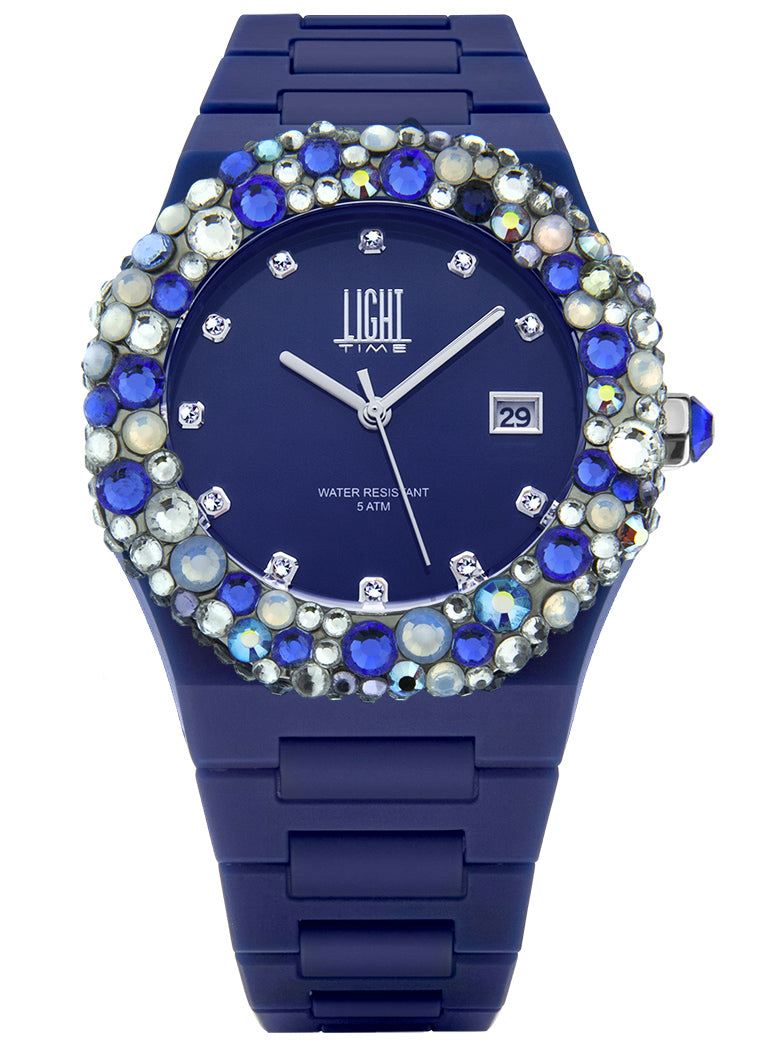 Orologio Light Time Mediterraneo L-509-BL-3 - orologio donna diametro 40mm, ghiera 200 cristalli Preciosa, quadrante blu, bracciale in policarbonato - Frontale