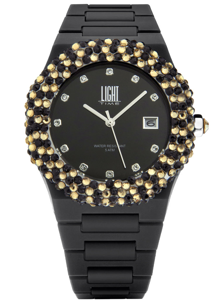 Orologio Light Time Mediterraneo L-509-NE-2 - orologio donna diametro 40mm, ghiera 200 cristalli Preciosa, quadrante nero, bracciale in policarbonato - Frontale