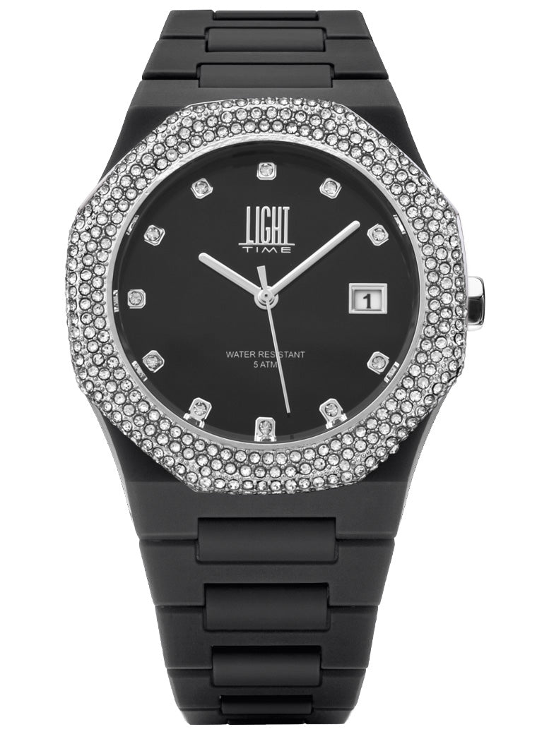 Orologio Light Time Mediterraneo Night L507B-BI - orologio donna cassa policarbonato, ghiera acciaio con strass, quadrante nero, diametro 40mm, bracciale policarbonato - Frontale