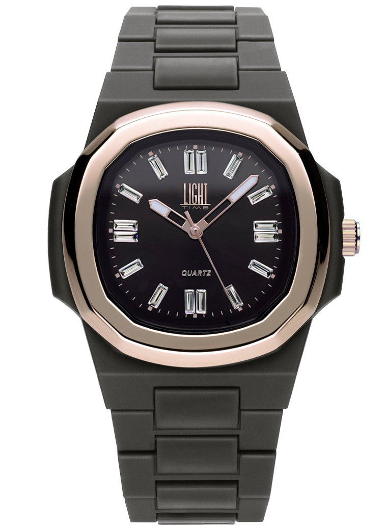 Orologio Light Time New Velvet Cristal L515R-NE-NE - Quarzo Miyota, cassa policarbonato nero, ghiera acciaio rosè, quadrante nero con cristalli, 38x42mm - Frontale