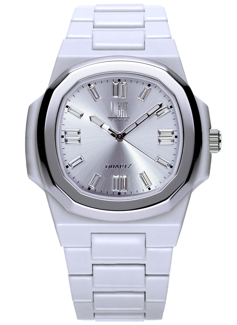 Orologio Light Time New Velvet Cristal L515S-BI-BI - Quarzo Miyota, cassa policarbonato bianco, ghiera acciaio, quadrante silver con cristalli, 38x42mm - Frontale