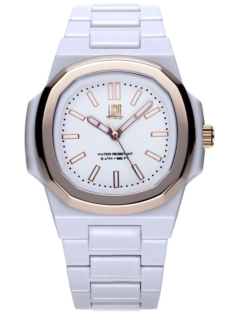Orologio Light Time New Velvet L514R-BI-BI - Quarzo Miyota, cassa policarbonato bianco, ghiera acciaio rosè, quadrante bianco, 38x42mm - Frontale