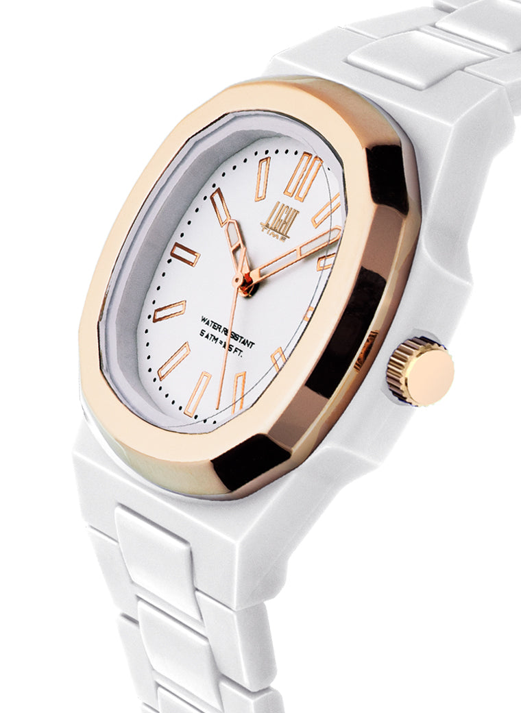Orologio Light Time New Velvet L514R-BI-BI - Quarzo Miyota, cassa policarbonato bianco, ghiera acciaio rosè, quadrante bianco, 38x42mm - Laterale