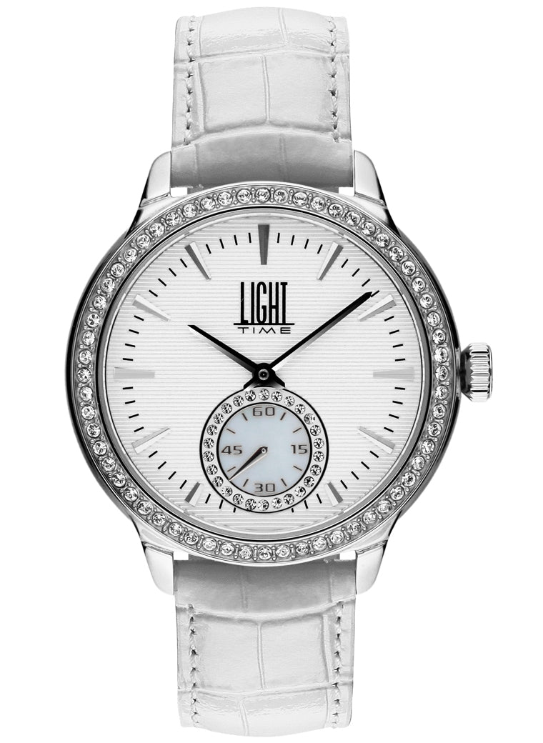 Orologio Light Time Saint Tropez L188A-MBI - Donna, quarzo, cassa acciaio con strass, cinturino pelle bianco, quadrante silver madreperla e strass, 38mm - Frontale