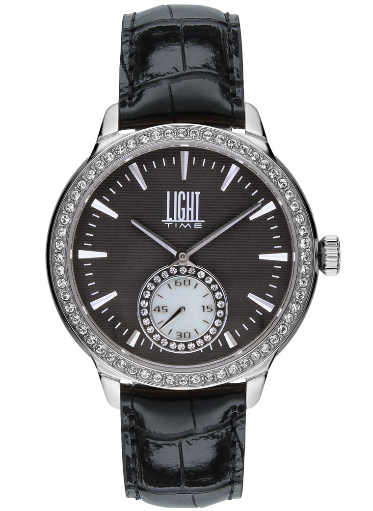 Orologio Light Time Saint Tropez L188B-MNE - Donna, quarzo, cassa acciaio con strass, cinturino pelle nero, quadrante nero madreperla e strass, 38mm - Frontale