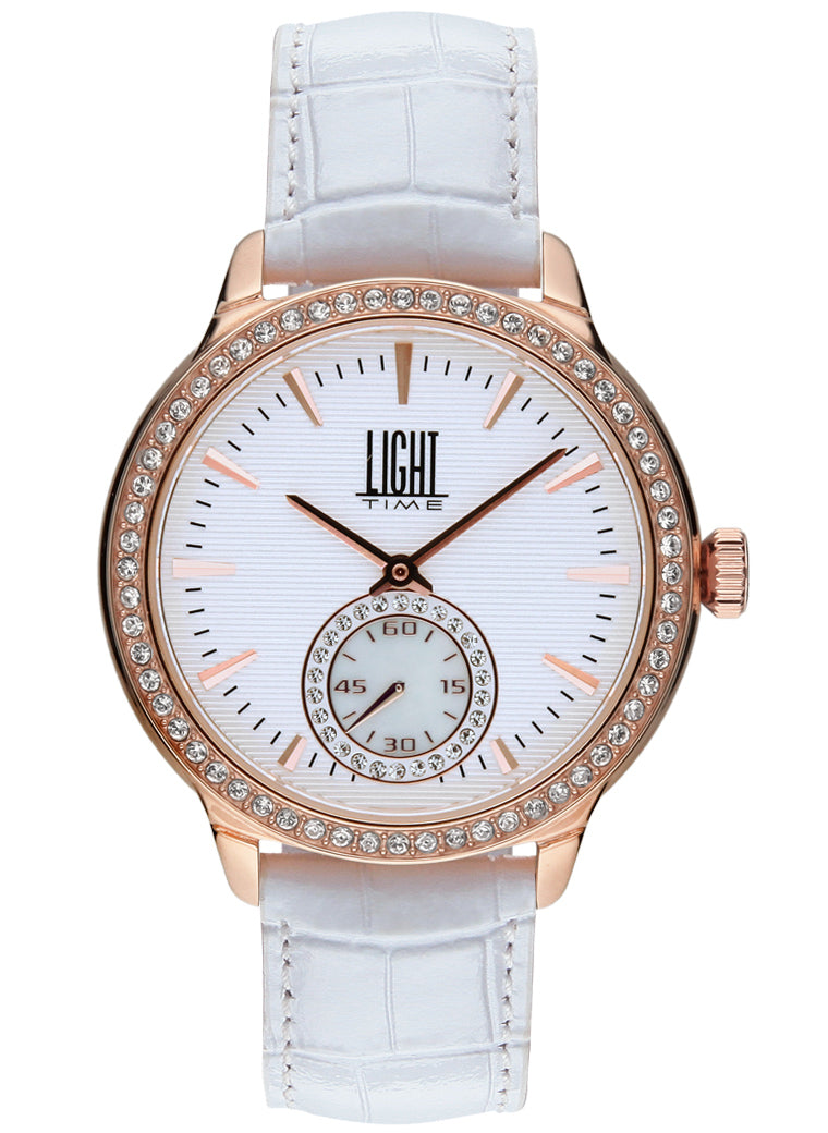 Orologio Light Time Saint Tropez L188C-RBI - Donna, quarzo, cassa acciaio rosè con strass, cinturino pelle bianco, quadrante silver madreperla e strass, 38mm - Frontale