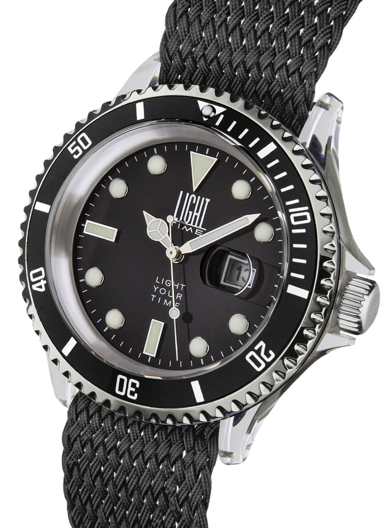 Orologio Light Time The First L217BN - Quarzo Miyota, cassa policarbonato, cinturino perlon, ghiera nera, datario, 44mm, 5ATM - Laterale