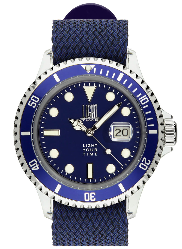 Orologio Light Time The First L217CN - Quarzo Miyota, cassa policarbonato, cinturino perlon, ghiera blu, datario, 44mm, 5ATM - Frontale