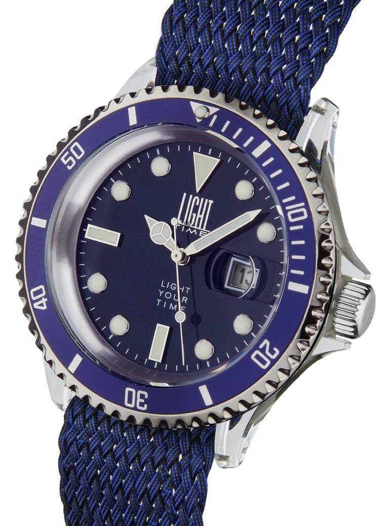 Orologio Light Time The First L217CN - Quarzo Miyota, cassa policarbonato, cinturino perlon, ghiera blu, datario, 44mm, 5ATM - Laterale