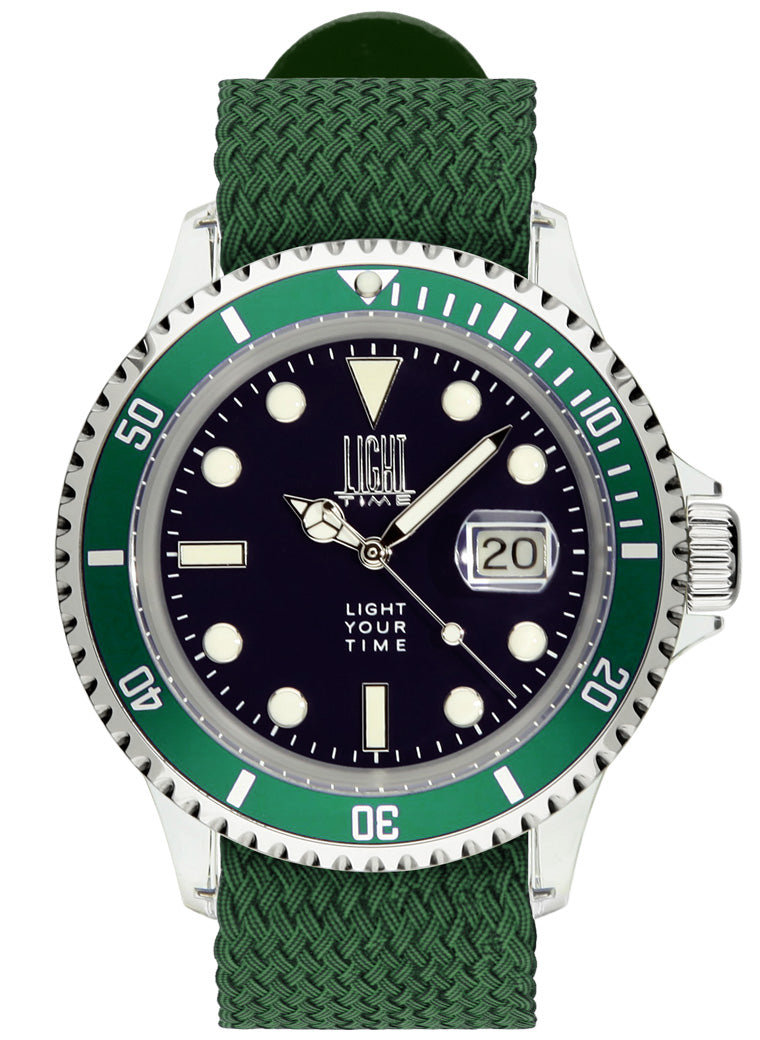 Orologio Light Time The First L217DN - Quarzo Miyota, cassa policarbonato, cinturino perlon, ghiera verde, datario, 44mm, 5ATM - Frontale