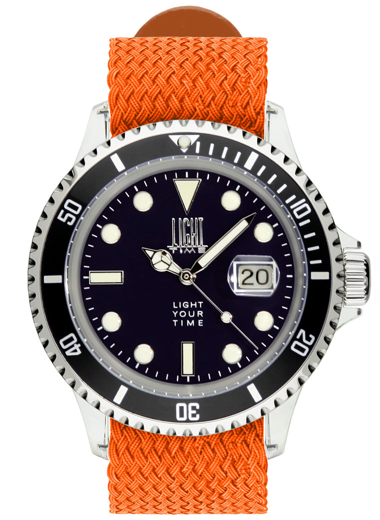 Orologio Light Time The First L217FN - Quarzo Miyota, cassa policarbonato, cinturino perlon, ghiera nera, datario, 44mm, 5ATM - Frontale