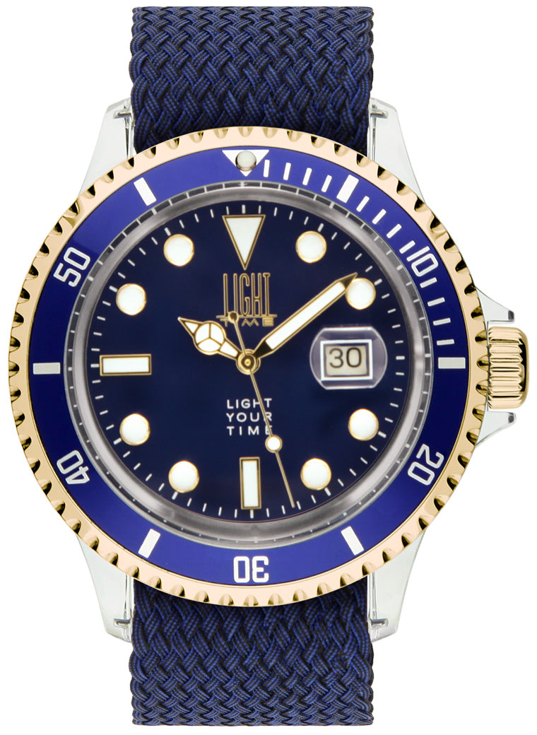 Orologio Light Time The First L217GCN - Quarzo Miyota, cassa policarbonato, cinturino perlon, ghiera oro/blu, datario, 44mm, 5ATM - Frontale