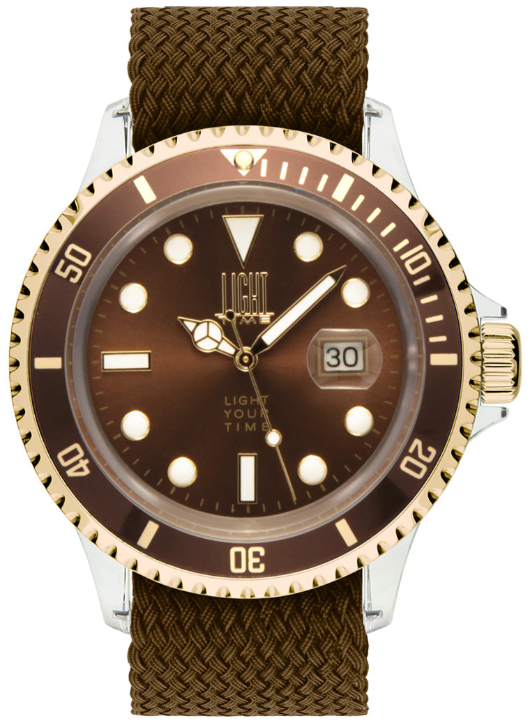 Orologio Light Time The First L217GEN - Quarzo Miyota, cassa policarbonato, cinturino perlon, ghiera oro/marrone, datario, 44mm, 5ATM - Frontale