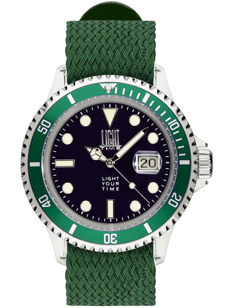 Orologio Light Time The First L218DN - Quarzo Miyota, cassa policarbonato, cinturino perlon, ghiera verde, datario, 38mm, 5ATM - Frontale