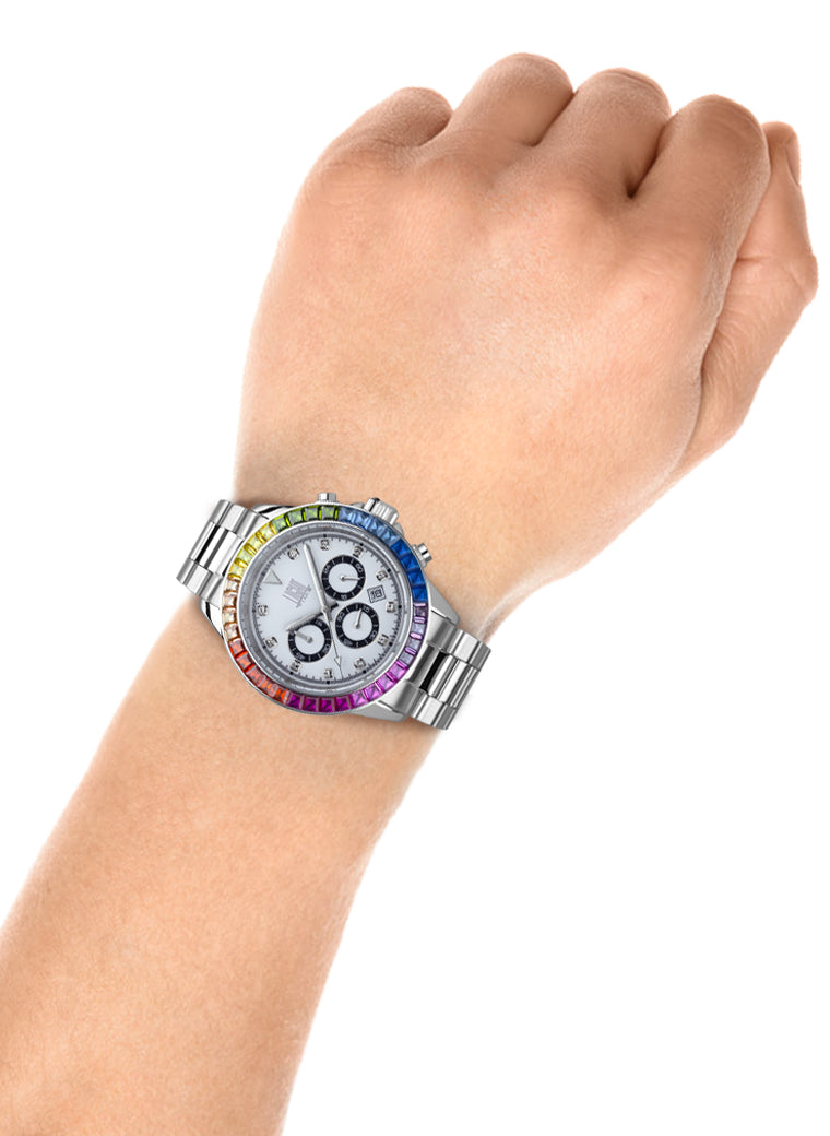 Orologio Light Time Timeless Chrono L242ST-ACC-BI - Cronografo quarzo Miyota, cassa e bracciale acciaio, lunetta con pietre colorate, quadrante bianco, 41mm, 10ATM - Dettaglio