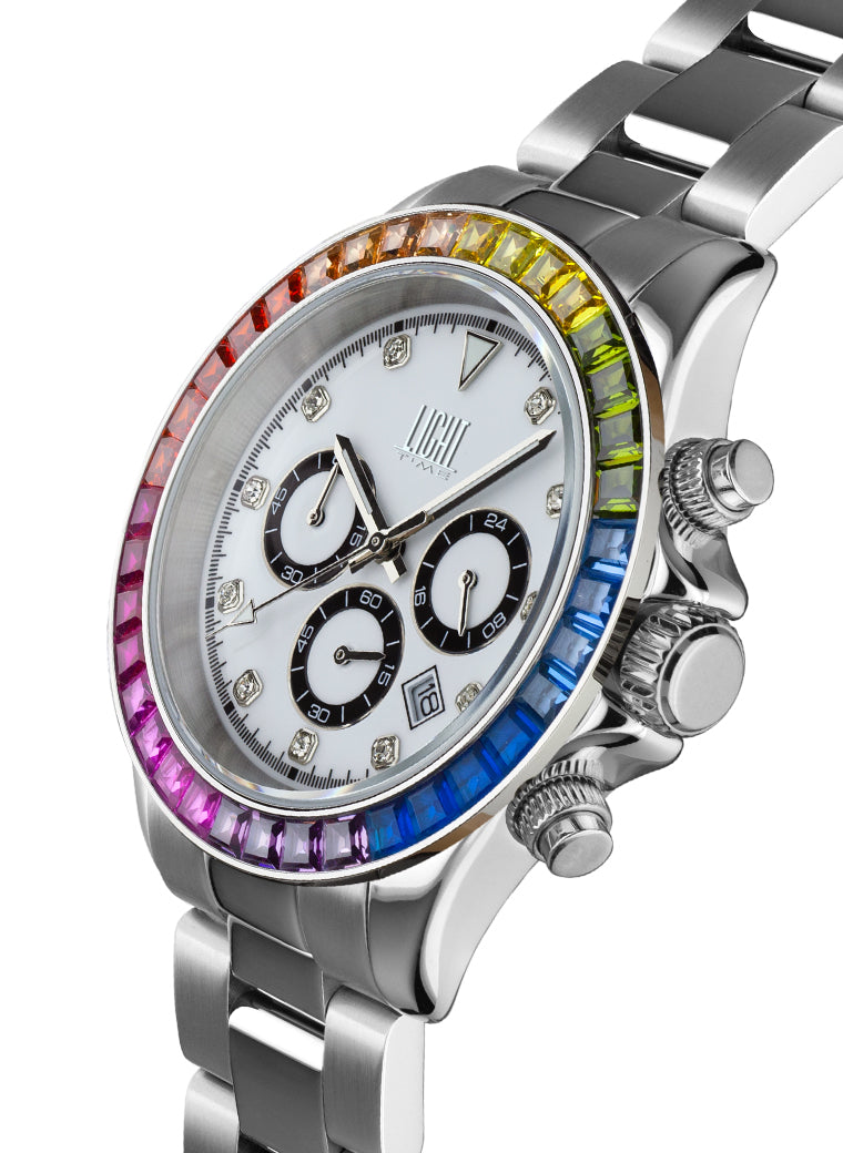 Orologio Light Time Timeless Chrono L242ST-ACC-BI - Cronografo quarzo Miyota, cassa e bracciale acciaio, lunetta con pietre colorate, quadrante bianco, 41mm, 10ATM - Laterale