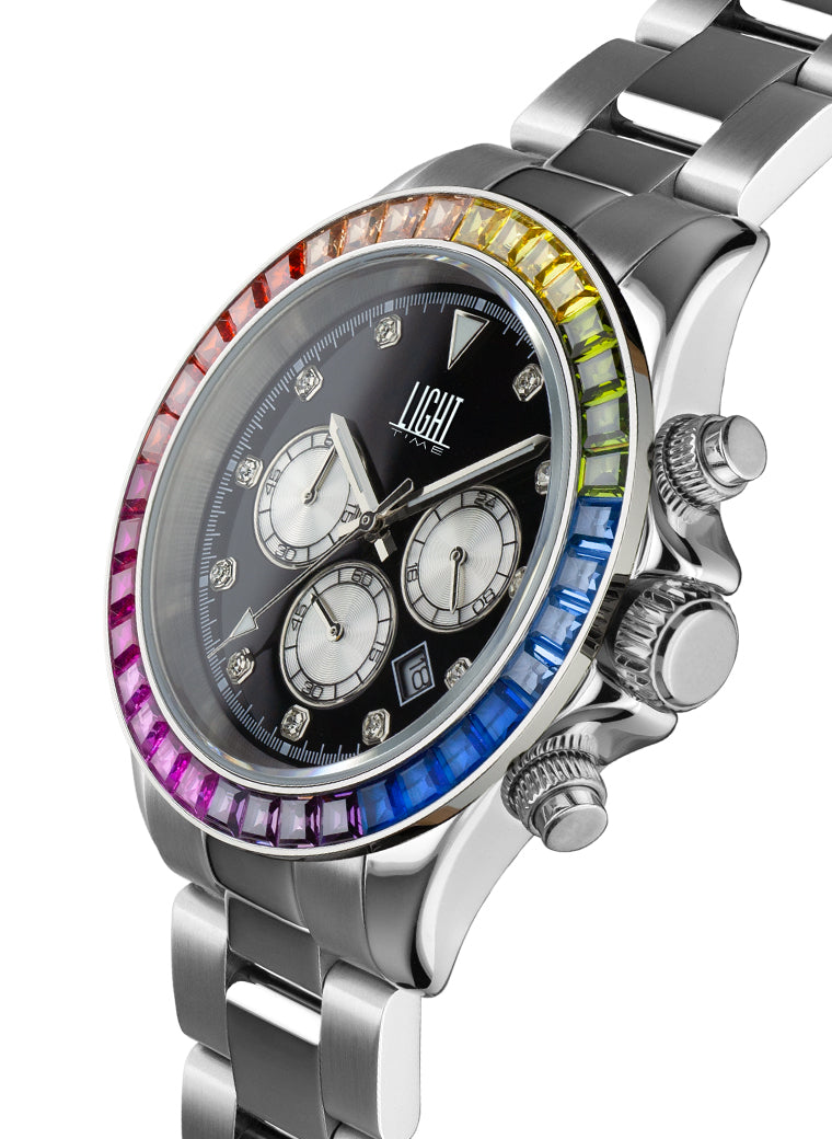 Orologio Light Time Timeless Chrono L242ST-ACC-NE - Cronografo quarzo Miyota, cassa e bracciale acciaio, lunetta con pietre colorate, quadrante nero, 41mm, 10ATM - Laterale
