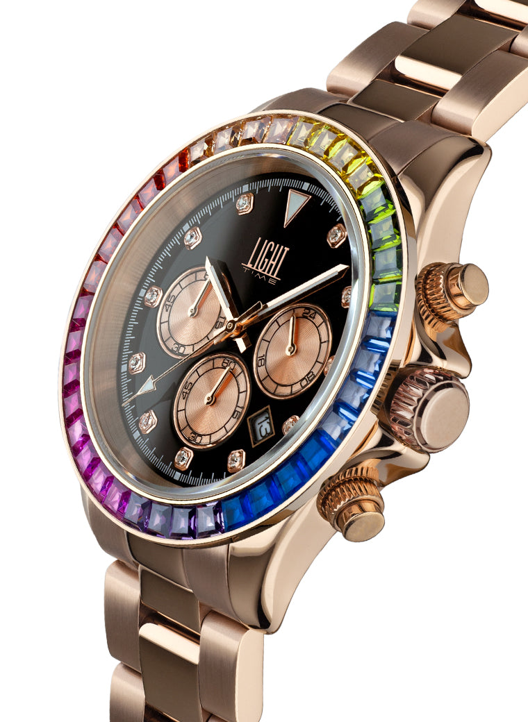 Orologio Light Time Timeless Chrono L242ST-RO-NE - Cronografo quarzo Miyota, cassa e bracciale acciaio rosè, lunetta con pietre colorate, 41mm, 10ATM - Laterale