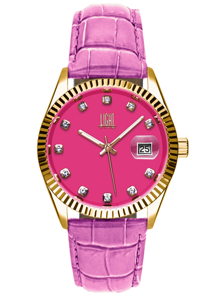 Orologio Light Time Timeless Colors L225GP-FU - donna quarzo oro cassa bracciale acciaio quadrante fucsia datario 36mm 5ATM - Frontale