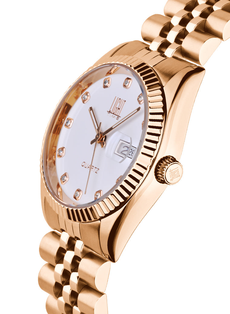 Orologio Light Time Timeless Colors L225R-BI - donna quarzo rose gold cassa bracciale acciaio quadrante bianco con strass datario 36mm 5ATM - Laterale