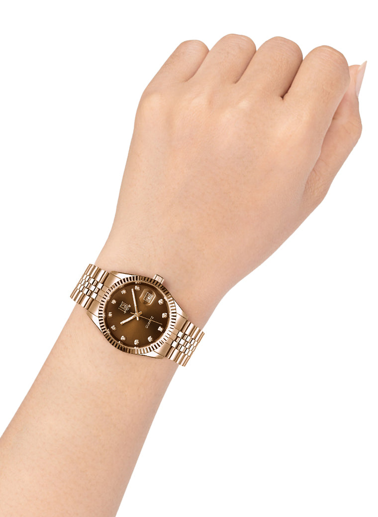 Orologio Light Time Timeless Colors L225R-MA - donna quarzo oro rosè cassa bracciale acciaio quadrante marrone con strass datario 36mm 5ATM - Frontale 2