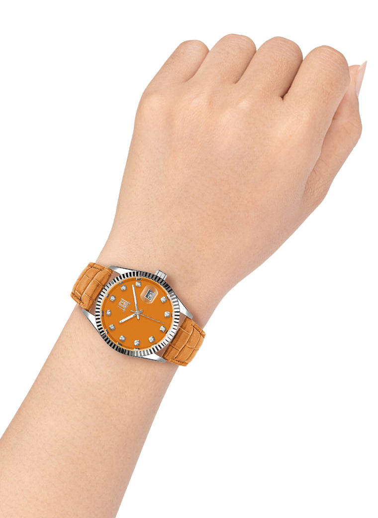 Orologio Light Time Timeless Colors L225SP-AR - donna quarzo cassa acciaio cinturino pelle quadrante arancio datario 36mm 5ATM - Dettaglio