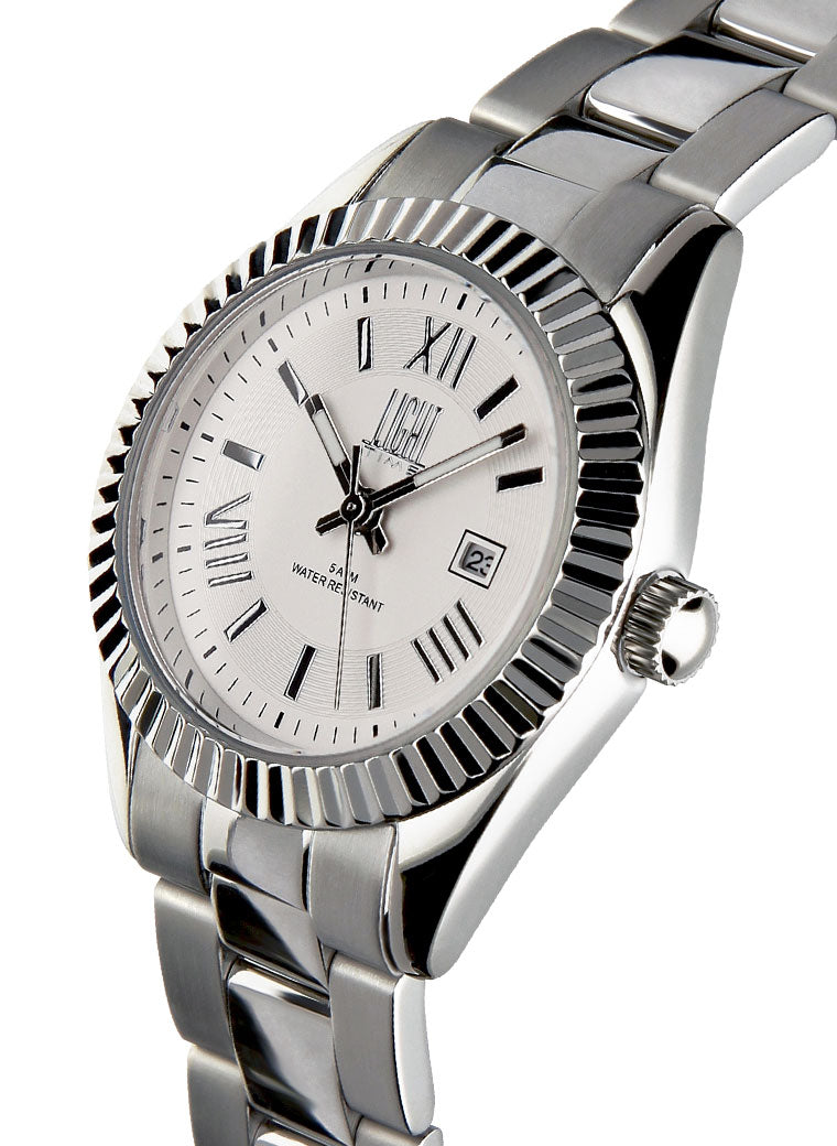 Orologio Light Time Timeless Lady L189S-BI - Quarzo Miyota, cassa e bracciale acciaio, datario, 31mm, 5ATM, quadrante bianco - Laterale