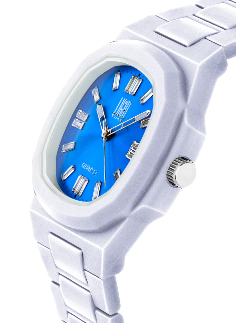 Orologio Light Time Velvet Cristal L513-BI-AZ - Quarzo Miyota, cassa policarbonato bianco, quadrante azzurro con cristalli, 38x42mm - Laterale
