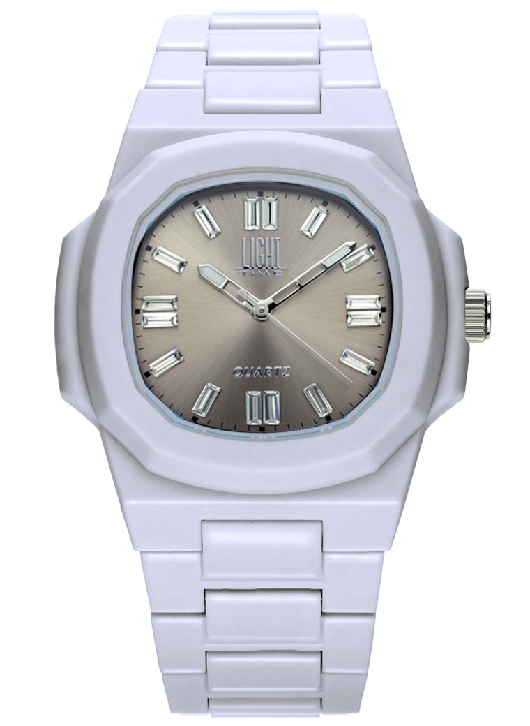 Orologio Light Time Velvet Cristal L513-BI-CH - Quarzo Miyota, cassa policarbonato bianco, quadrante champagne con cristalli, 38x42mm - Frontale