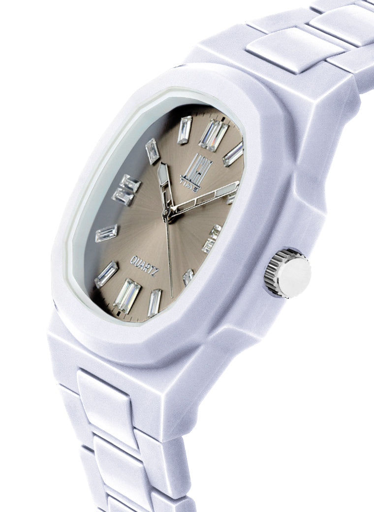 Orologio Light Time Velvet Cristal L513-BI-CH - Quarzo Miyota, cassa policarbonato bianco, quadrante champagne con cristalli, 38x42mm - Laterale