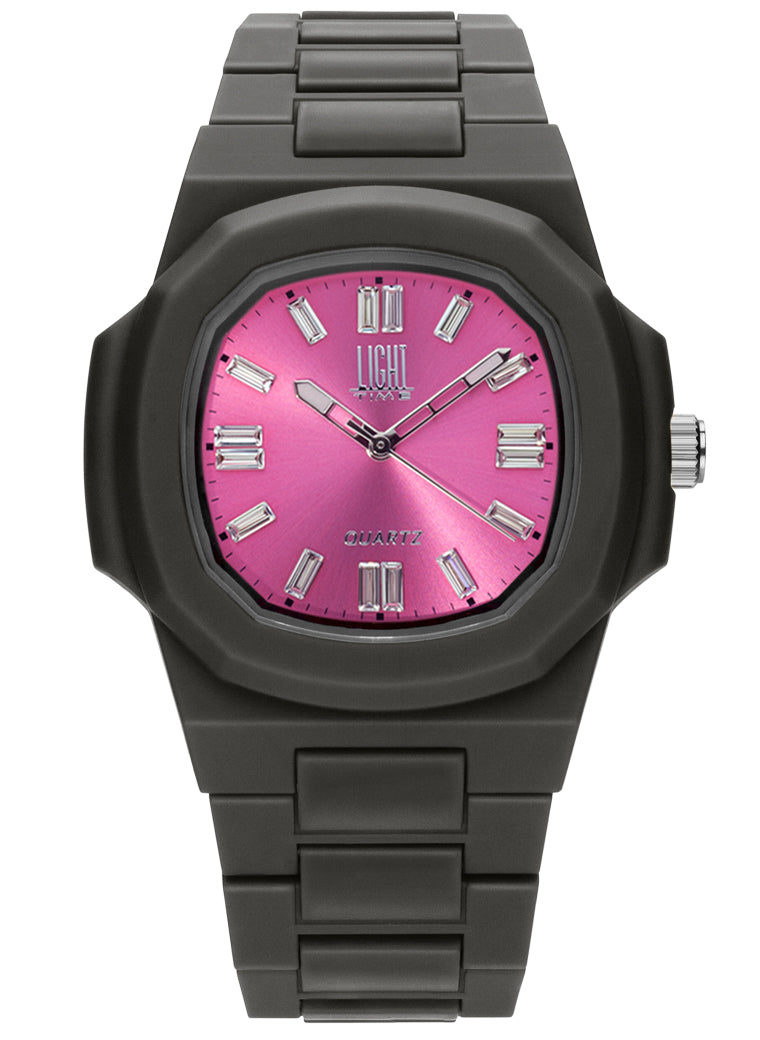 Orologio Light Time Velvet Cristal L513-NE-FU - Quarzo Miyota, cassa policarbonato nero, quadrante fuxia con cristalli, 38x42mm - Frontale