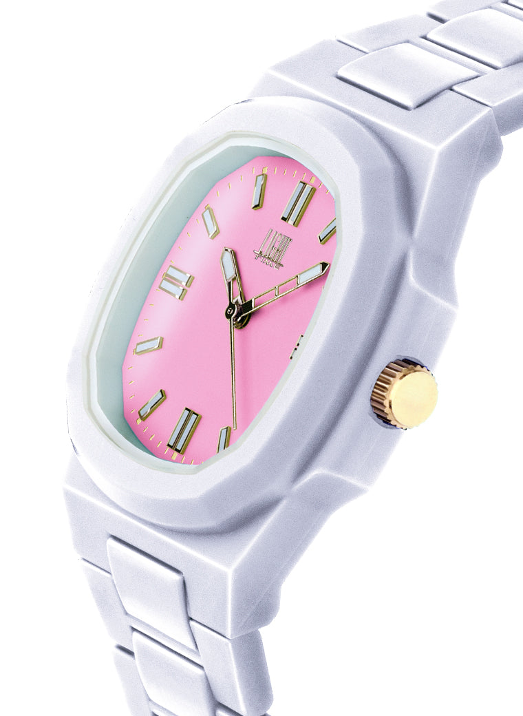 Orologio Light Time Velvet L511-BI-RO - Quarzo Miyota, cassa policarbonato bianco, quadrante rosa, 38x42mm - Laterale