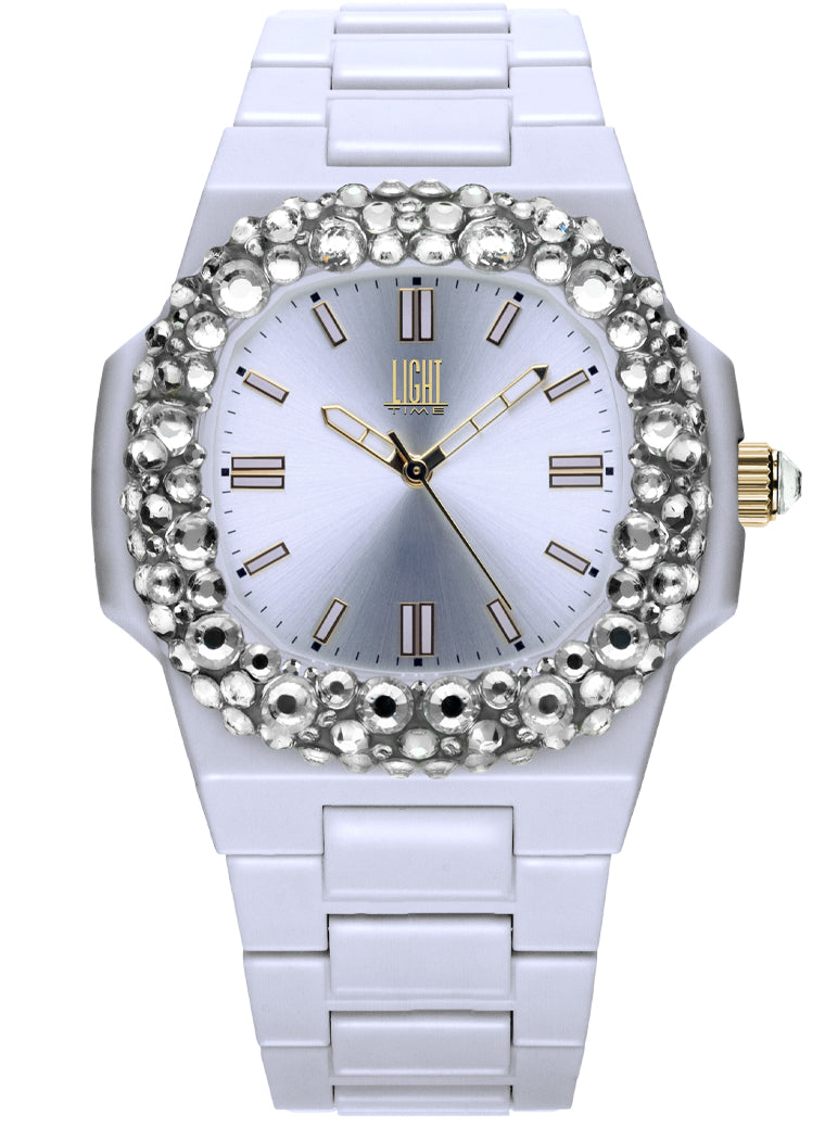 Orologio Light Time Velvet Lady L512-BI-1 - Quarzo Miyota, cassa policarbonato bianco, ghiera con cristalli Preciosa, quadrante silver, 38x42mm - Frontale