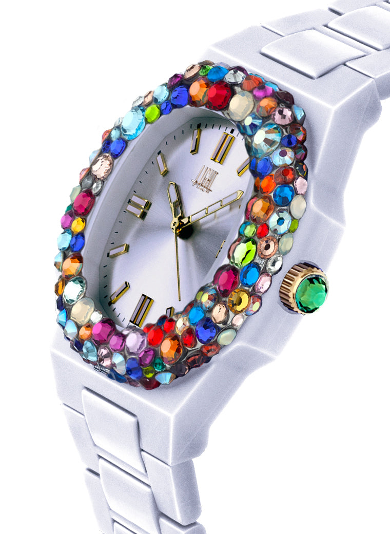 Orologio Light Time Velvet Lady L512-BI-2 - Quarzo Miyota, cassa policarbonato bianco, ghiera con cristalli Preciosa, quadrante silver, 38x42mm - Laterale