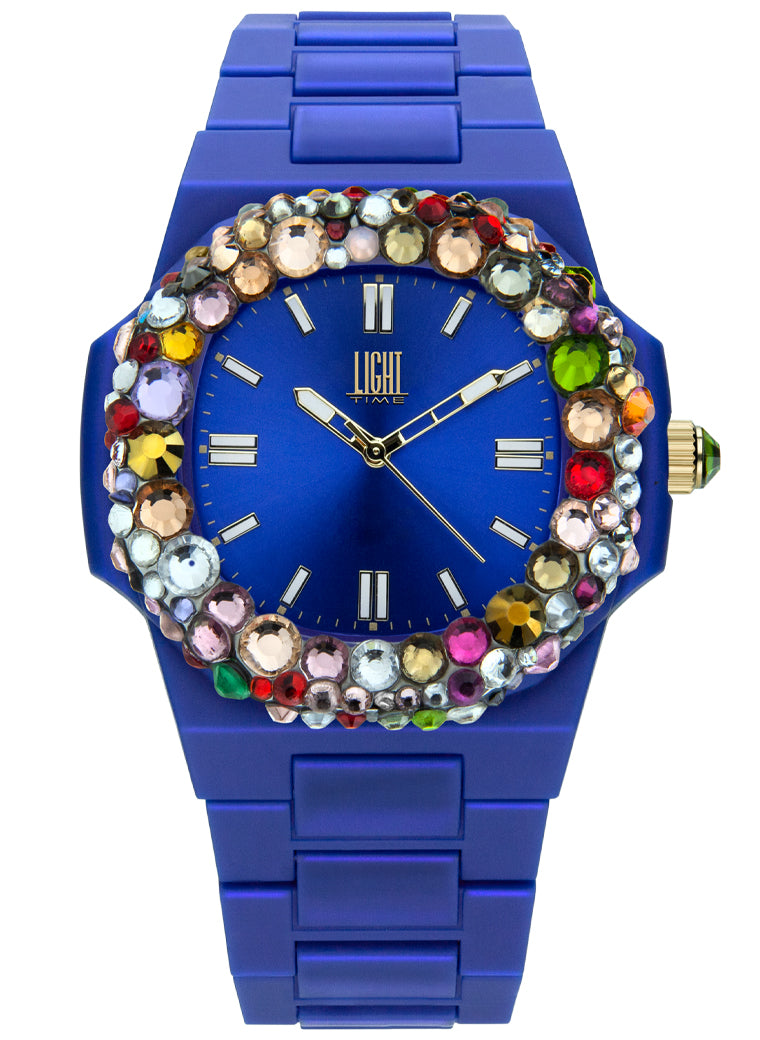Orologio Light Time Velvet Lady L512-BL-2 - Quarzo Miyota, cassa policarbonato blu, ghiera con cristalli Preciosa, quadrante blu sunrise, 38x42mm - Frontale