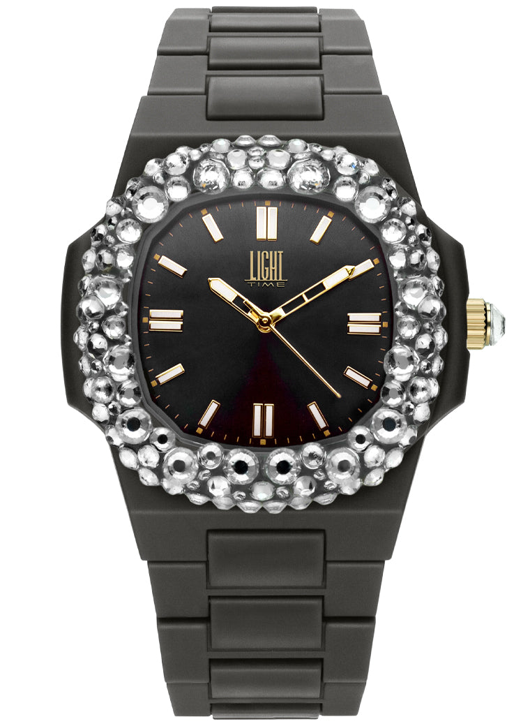 Orologio Light Time Velvet Lady L512-NE-1 - Quarzo Miyota, cassa policarbonato nero, ghiera con cristalli Preciosa, quadrante nero, 38x42mm - Frontale