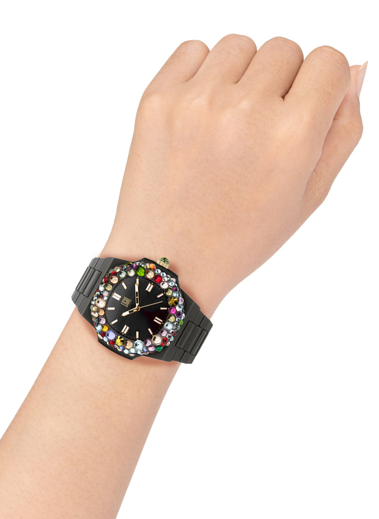 Orologio Light Time Velvet Lady L512-NE-2 - Quarzo Miyota, cassa policarbonato nero, ghiera con cristalli Preciosa, quadrante nero, 38x42mm - Dettaglio