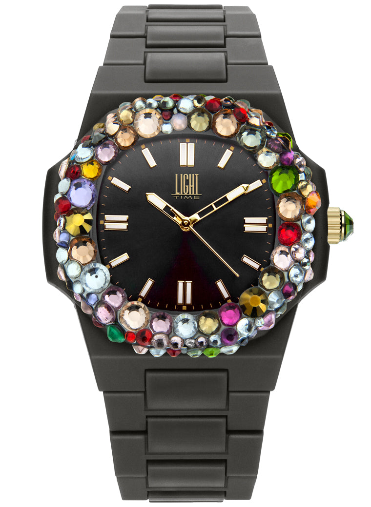 Orologio Light Time Velvet Lady L512-NE-2 - Quarzo Miyota, cassa policarbonato nero, ghiera con cristalli Preciosa, quadrante nero, 38x42mm - Frontale