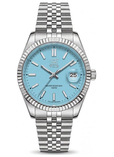 Orologio Light Time Aurora Jubilee L804S-C-AZ Azzurro 35 mm - unisex quarzo lunetta zigrinata bracciale jubilee quadrante azzurro datario 10ATM - Frontale