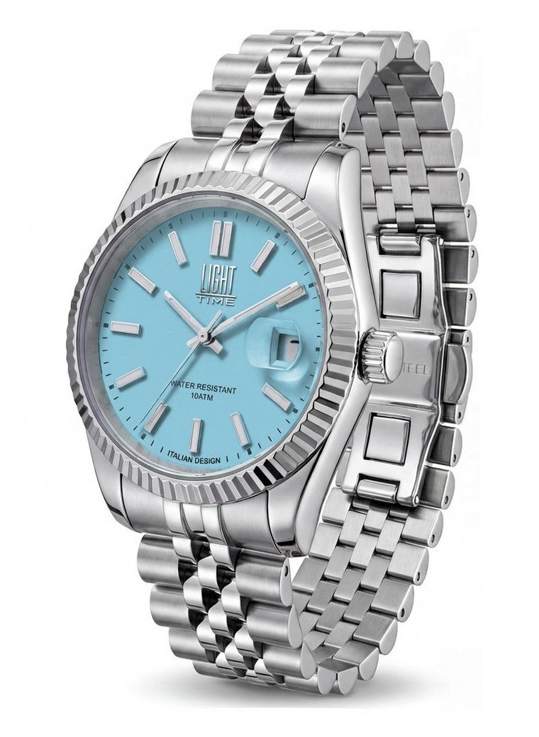 Orologio Light Time Aurora Jubilee L804S-C-AZ Azzurro 35 mm - unisex quarzo lunetta zigrinata bracciale jubilee quadrante azzurro datario 10ATM - Lato