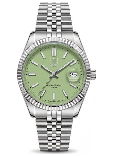 Orologio Light Time Aurora Jubilee L804S-C-VE Verde 35 mm - unisex quarzo lunetta zigrinata bracciale jubilee quadrante verde datario 10ATM - Frontale