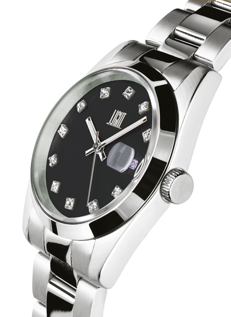 Orologio Light Time Cuba L195S-C-NE - orologio donna cassa acciaio, cinturino acciaio, quadrante con strass, diametro 36mm, datario ore 15 - Laterale