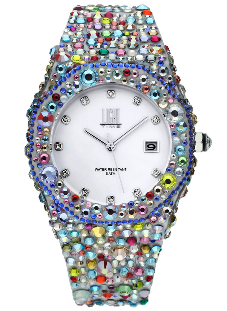 Orologio Light Time Mediterraneo L-508-BI-1 - orologio donna diametro 40mm, 680 cristalli Preciosa, quadrante bianco, bracciale in policarbonato - Frontale