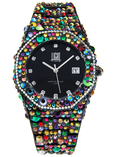 Orologio Light Time Mediterraneo L-508-NE-2 - orologio donna diametro 40mm, 680 cristalli Preciosa, quadrante bianco, bracciale in policarbonato - Frontale